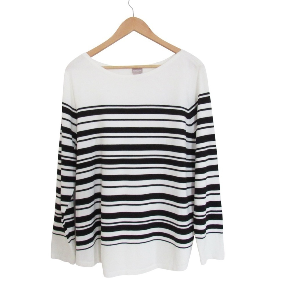 Chicos Black White Bateau Neck Striped Pullover Sweater XL Lightweight Stretch